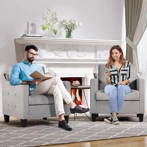 xrboomlife Mid-Century Modern Accent Chairs Set of 2  Comfy Upholstered Reading Accent Chair Small Spaces  Button Tufted Armchair Sofa Chairs for Living Room  Bedroom  Office (Dark Grey)