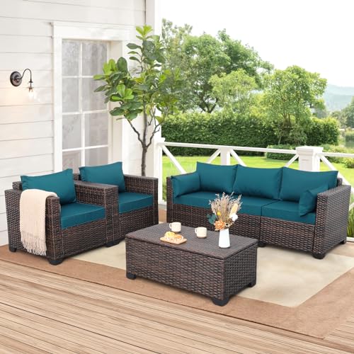 Valita Patio Rattan Furniture Set 4-Piece Outdoor PE Wicker Conversation Couch, Brown Sectional Sofa Couch with Storage Coffee Table Non-Slip and Washable Royal Blue Cushions