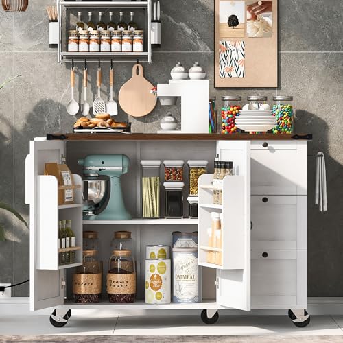 Ball & Cast Farmhouse Kitchen Island with Power Outlet,Dining Storage Island with Drop Leaf,Spice Rack and Drawer,Rolling Dining Cart on Wheels for Home,Kitchen,Dining Room,White,54