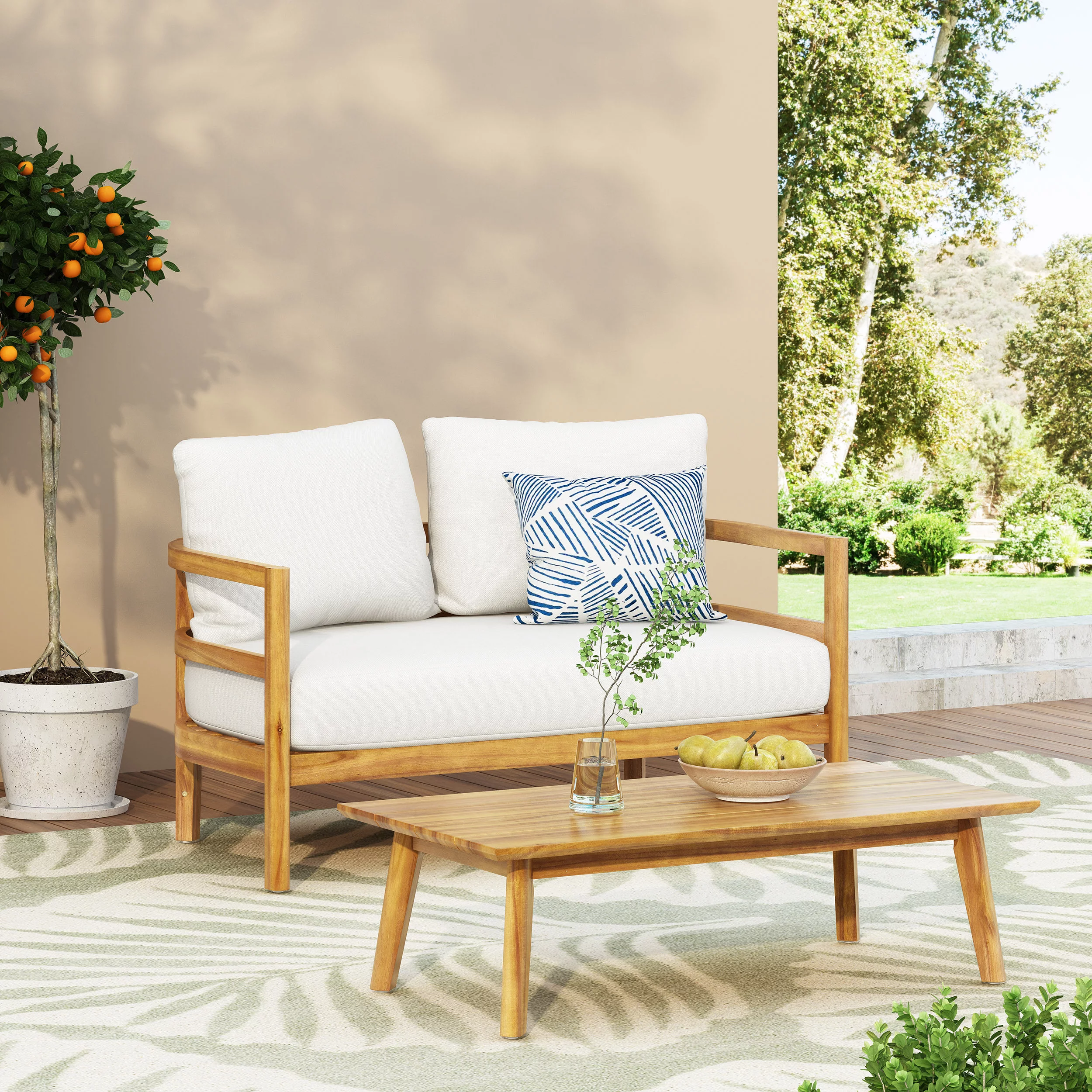 Varva Acacia Wood Outdoor Loveseat and Coffee Table Set, Teak and White