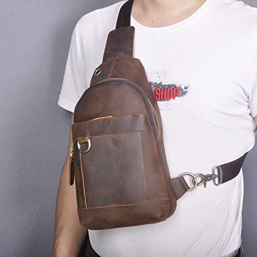 Le'aokuu Men Fashion Casual Tea Designer Travel Hiking Crossbody Chest Sling Bag Rig One Shoulder Strap Bag Men Leather 8015