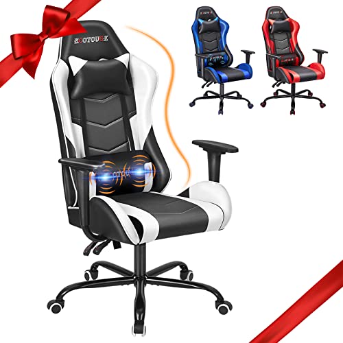 ECOTOUGE PC Massage Gaming Chair with Footrest Ergonomic Office Desk Chair Racing PU Leather Recliner Swivel Rocker with Headrest and Lumbar Pillow, Blue