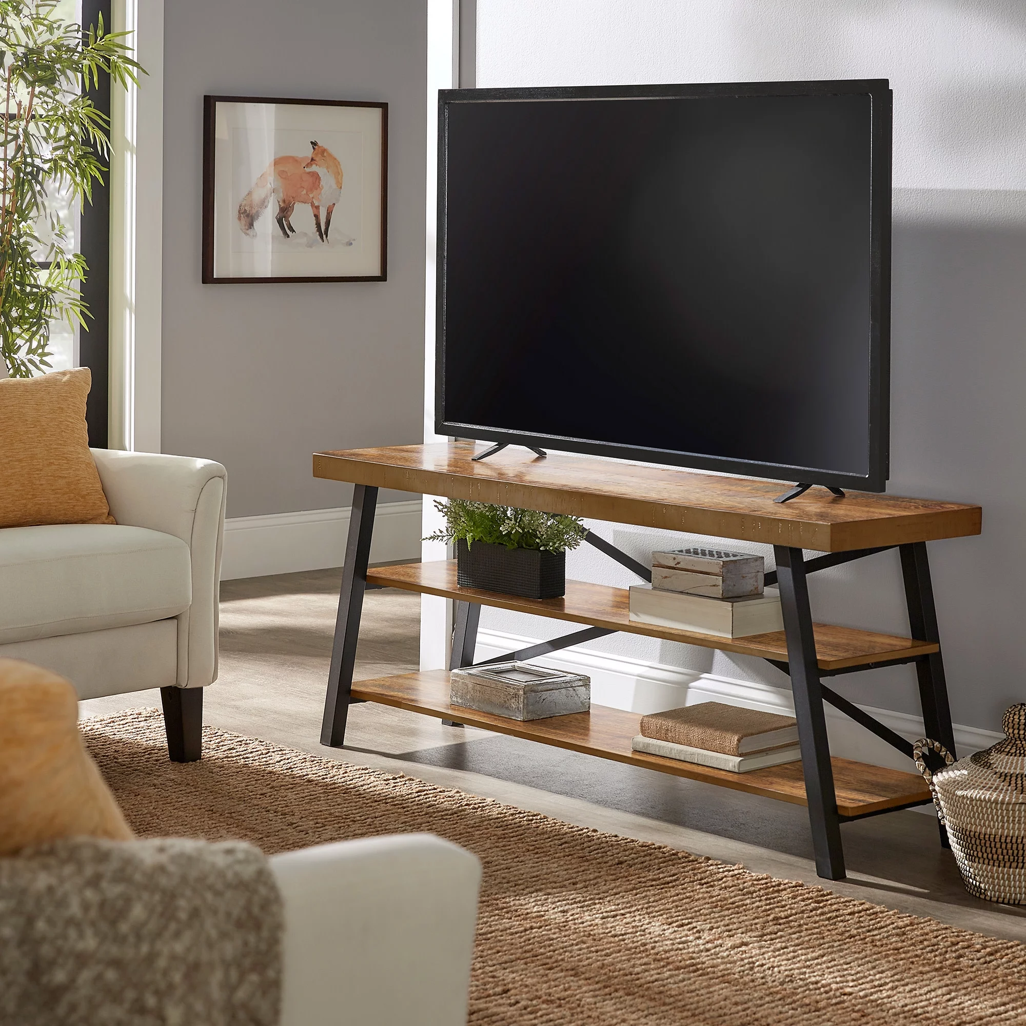 Weston Home Westyn Rustic X-Base Wood and Metal TV Stand for TVs up to 65