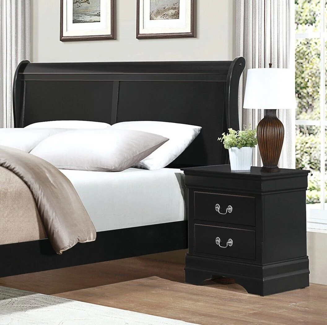 Traditional Black Finish 3pc Bedroom Set Queen Bed and Nightstands Louis Phillipe Style Bedroom Furniture