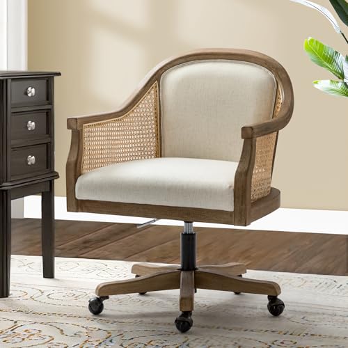 TINA'S HOME Rattan Desk Chair, Upholstered Home Office Chair with Armrest, Adjustable Swivel Rolling Height Computer Task Chair for Living Room Bedroom Study Room, Ivory