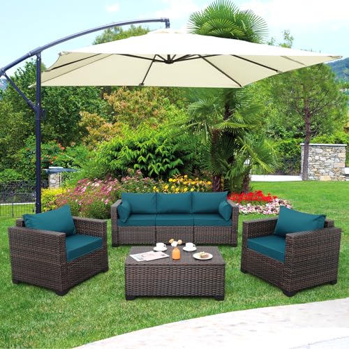 Valita Patio Rattan Furniture Set 4-Piece Outdoor PE Wicker Conversation Couch, Brown Sectional Sofa Couch with Storage Coffee Table Non-Slip and Washable Royal Blue Cushions