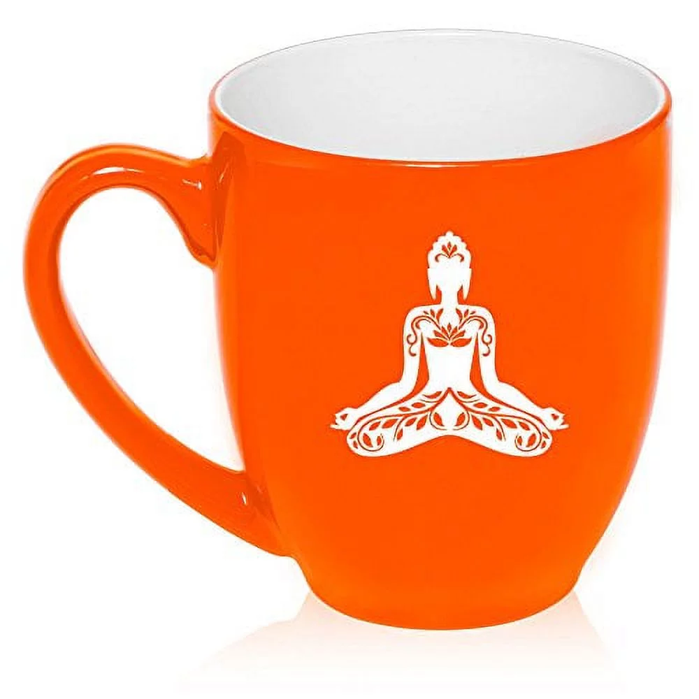 16 oz Large Bistro Mug Ceramic Coffee Tea Glass Cup Buddha Yoga Lotus (Orange)
