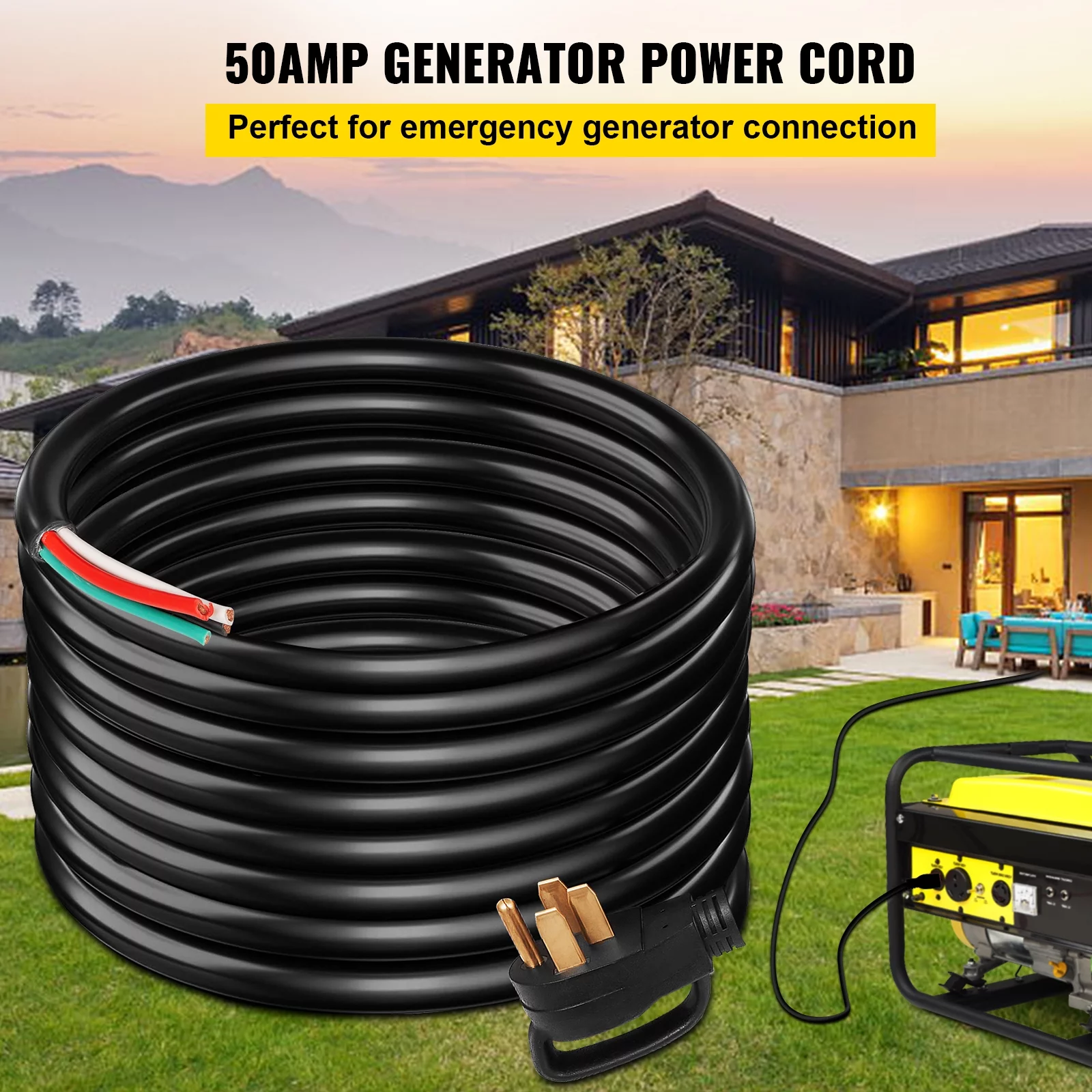 VEVOR RV Extension Cord 25ft 50Amp STW 6/3+8/1 Electrical Power Cord UL Listed Heavy Duty Generator Cord N14-50P to Bare Wire Cut Wire Cord Extension Power Cord RV Motor Home Generator Portabl Strap