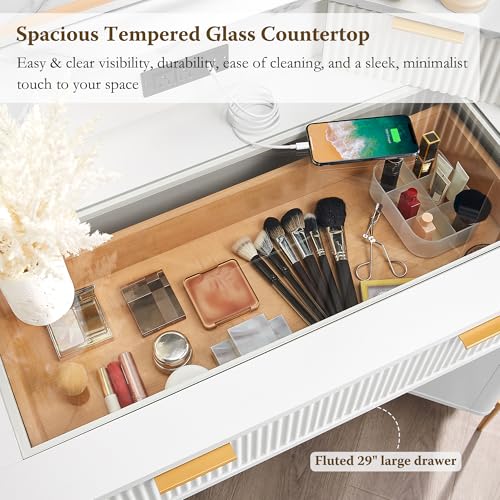 T4TREAM Corner Vanity Desk with Mirror and Lights, Fluted Vanity with Glass Top, Fixed Three-Panel Mirror & Charging Outlet, Dressing Table with 3 Drawers & 2 Storage Cabinets for Bedroom, White