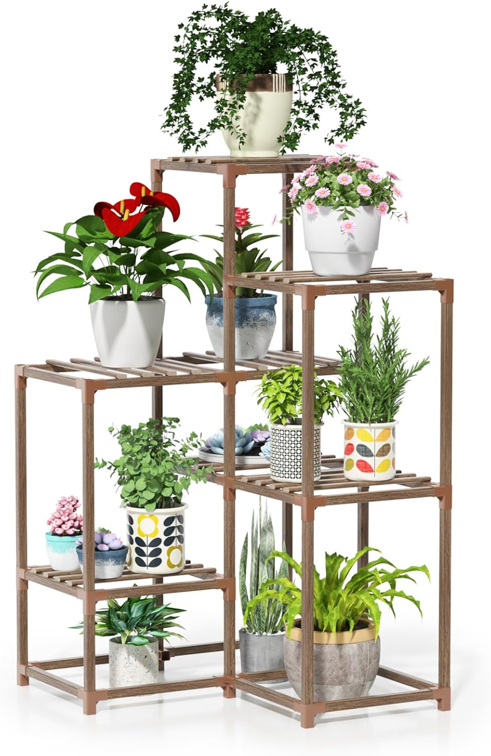 Plant Stand Indoor Outdoor, Shaped Corner 7 Pots Wood Plant Rack Assembled Plant Stand for Multiple Plants, Large Ladder Holder Flower Stand for Patio Balcony Living Room Hallway Garden