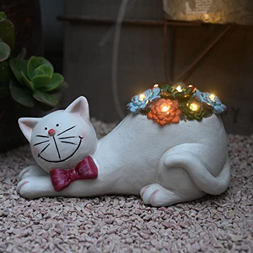Cat Statue Garden Outdoor Decor with Solar Light Outside Cat Figurine Resin Waterproof for Yard Lawn Decorations (Gray)