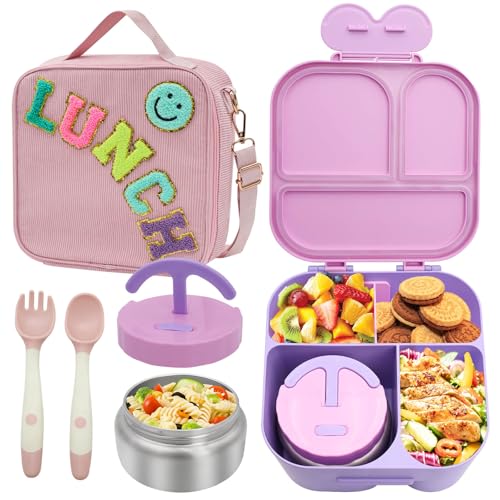 Lunch Box with Bento Box with 4 Compartment, with Leak Proof Thermo Food Jar, Preppy Corduroy Insulated Lunch Bag for Womens Girl Kids Teens School Travel Picnic (Purple)