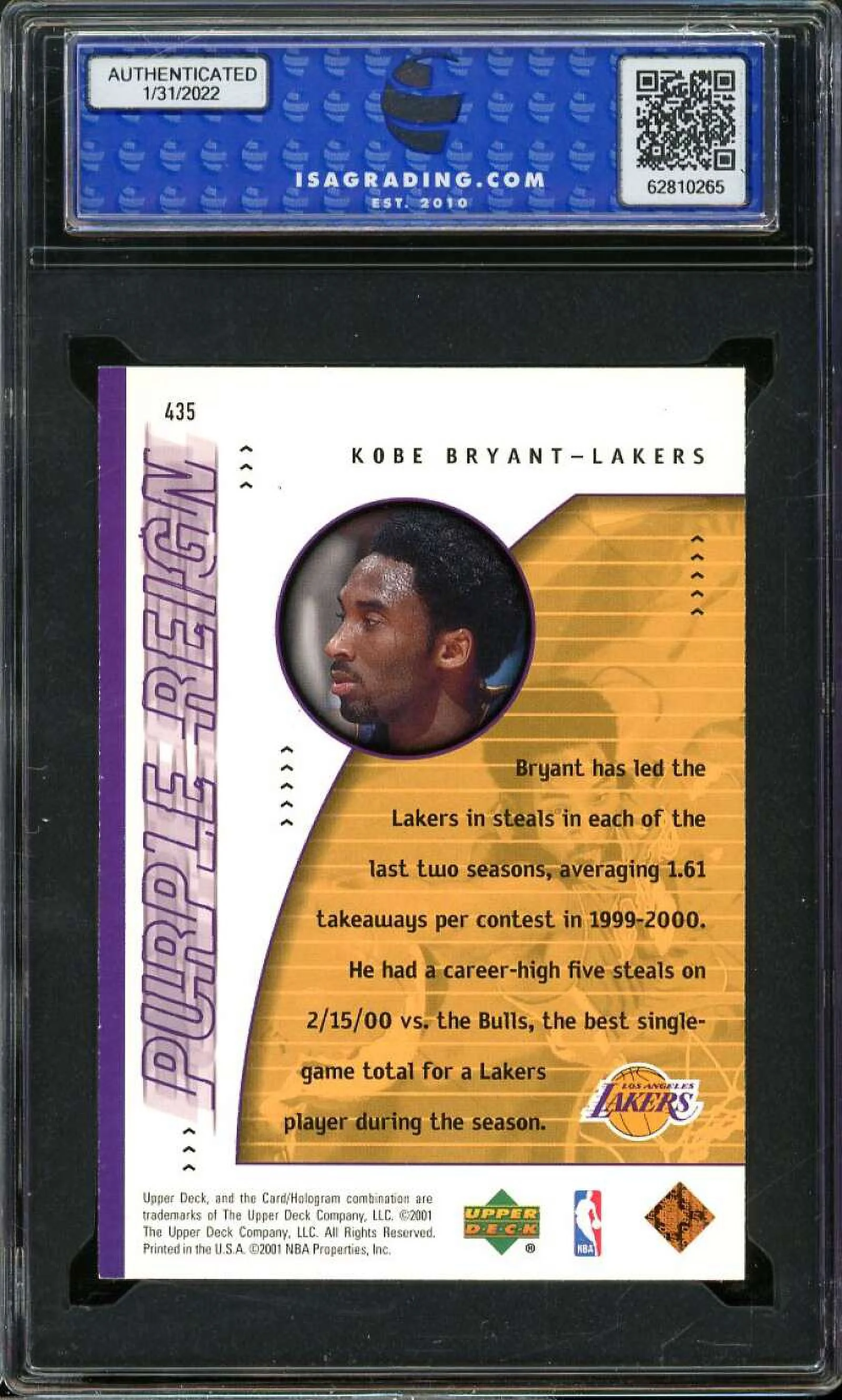 Kobe Bryant Card 2000-01 Upper Deck #435 ISA 10 GEM MINT