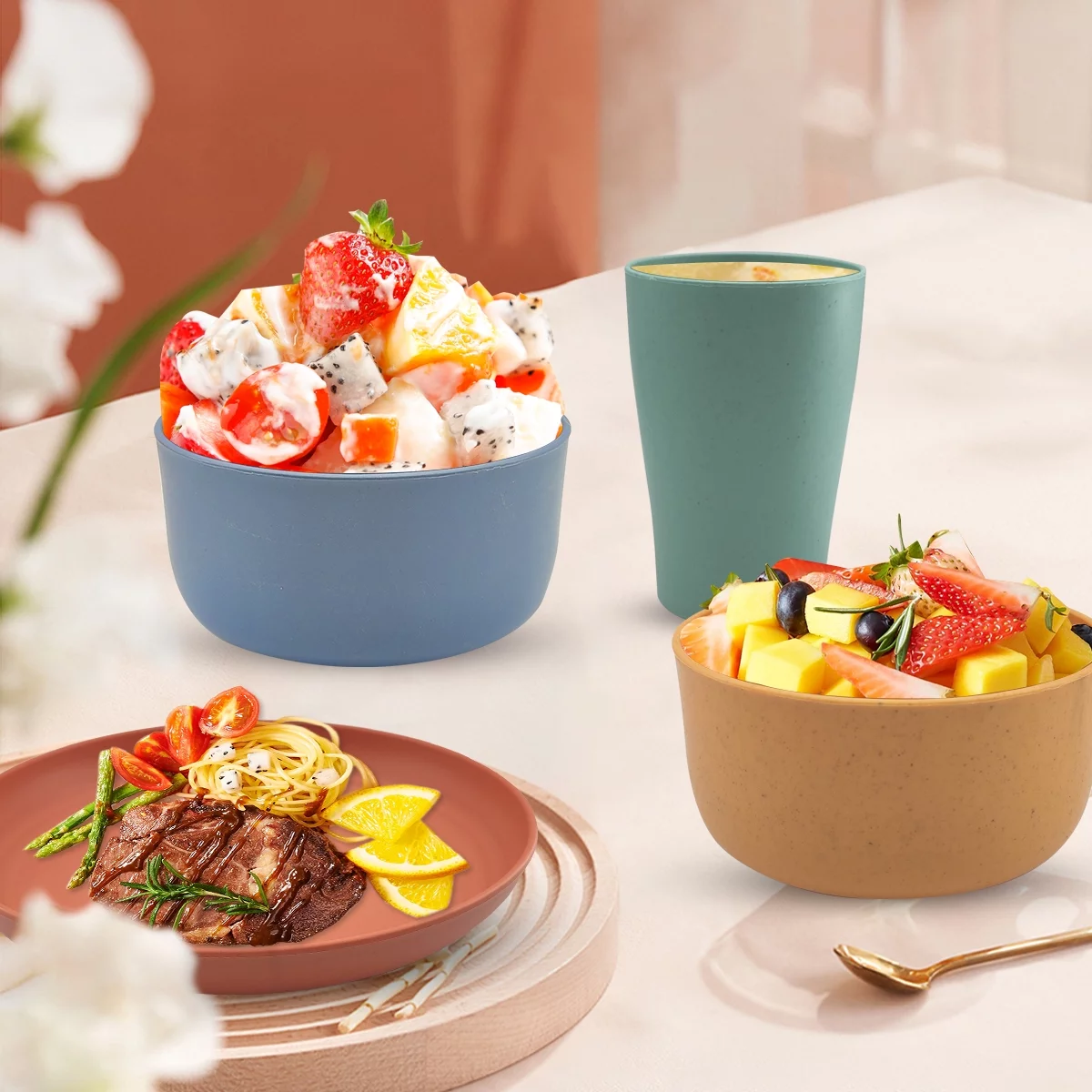 Logianis Wheat Straw Dinnerware Sets Unbreakable Reusable Microwave Plates and Bowls Sets 16 Piece