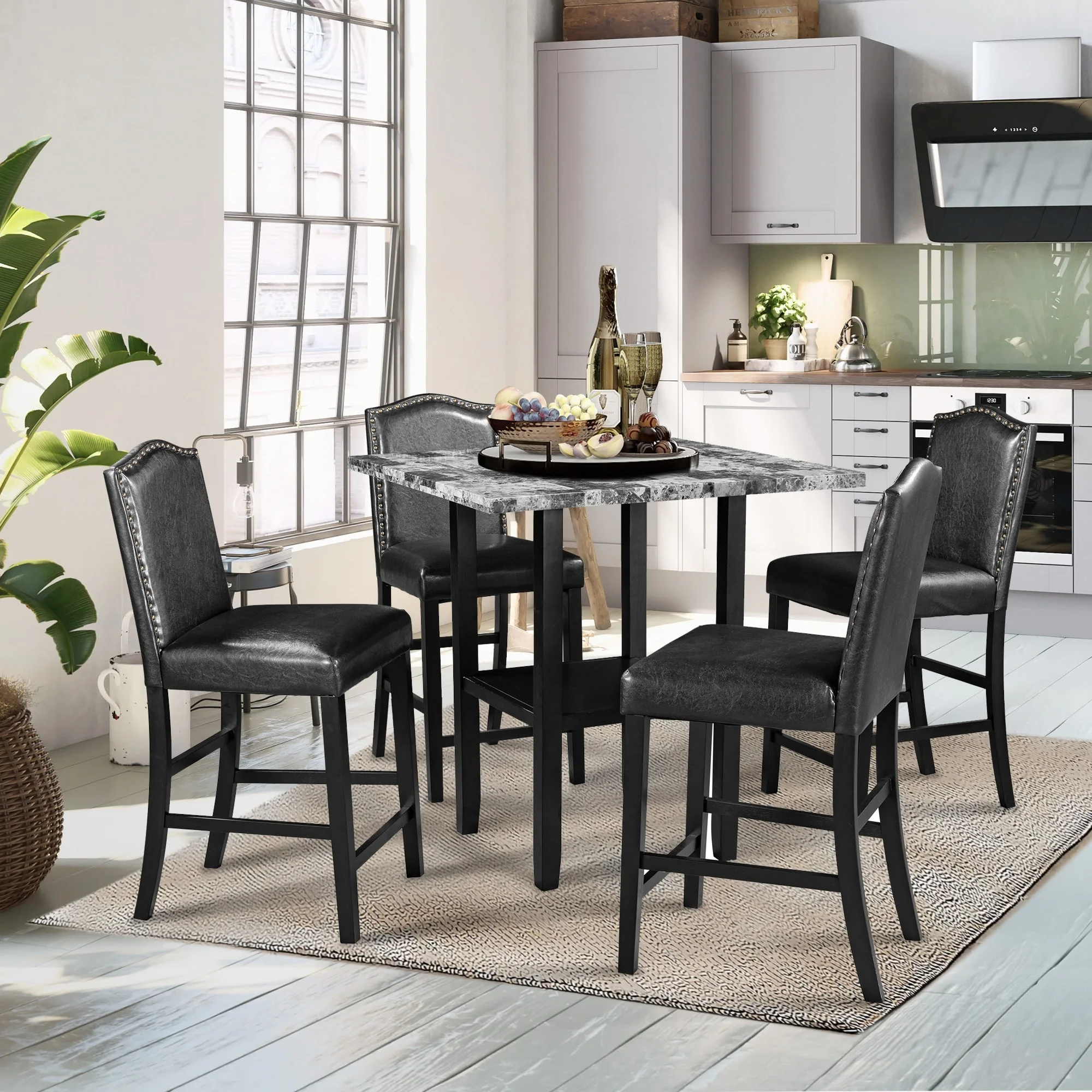 Modern 5-Piece Dining Set - Sturdy MDF Table, PU Leather Chairs, Space-Saving Design, Gray Faux Marble Veneer Gray