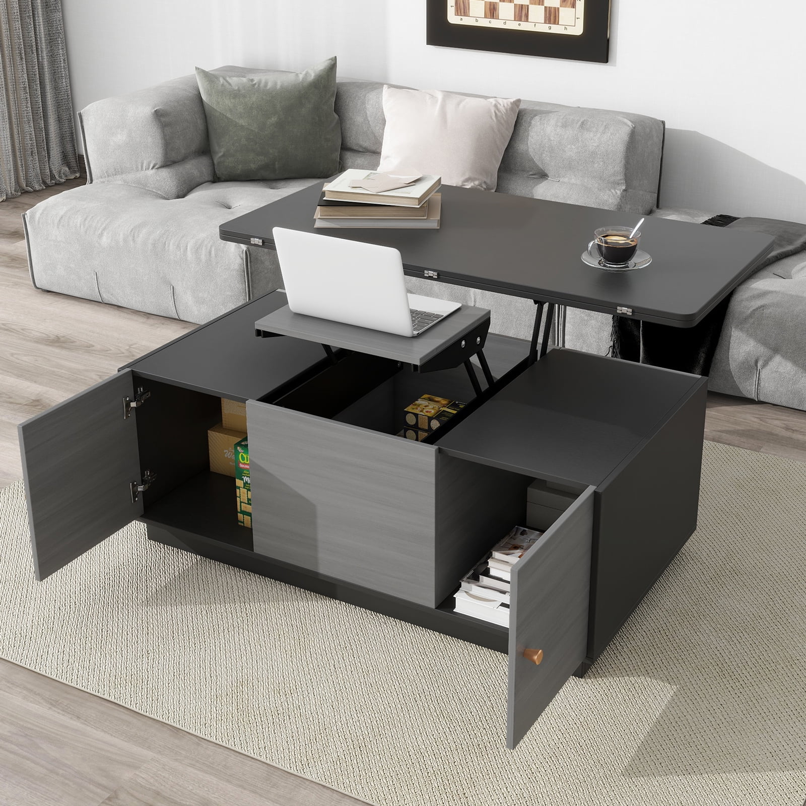 YISUYA Modern Multifunctional Coffee Table, Rectangle Lift-top Coffee Table, Gray Multi-Functional End Table with 2 Storage Cabinets and Hidden Storage, Can be Used as A Dining Table or Workspace