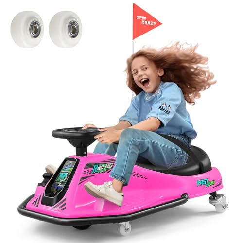 360 Degrees Rotating Ride On Drift Car, 24V Electric Drifting Go Kart for Kids W/Replacement Wheels, High/Low Speed, 24V Brushless Motor, Flashing Lights, Flag, Music,Bluetooth (Pink)