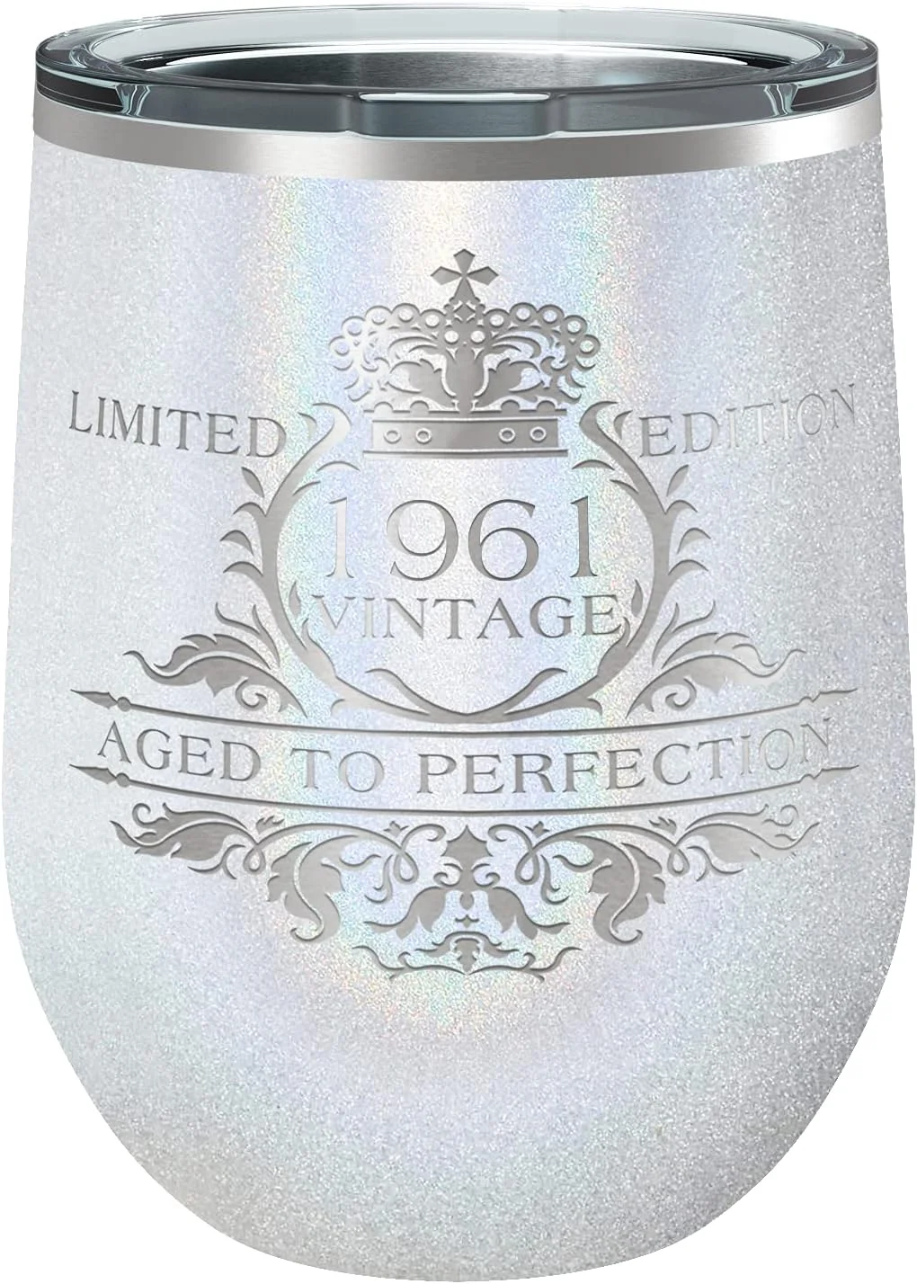 1961 60Th Birthday Gift Vintage Edition Laser Engraved On 12 Oz White Glitter Wine
