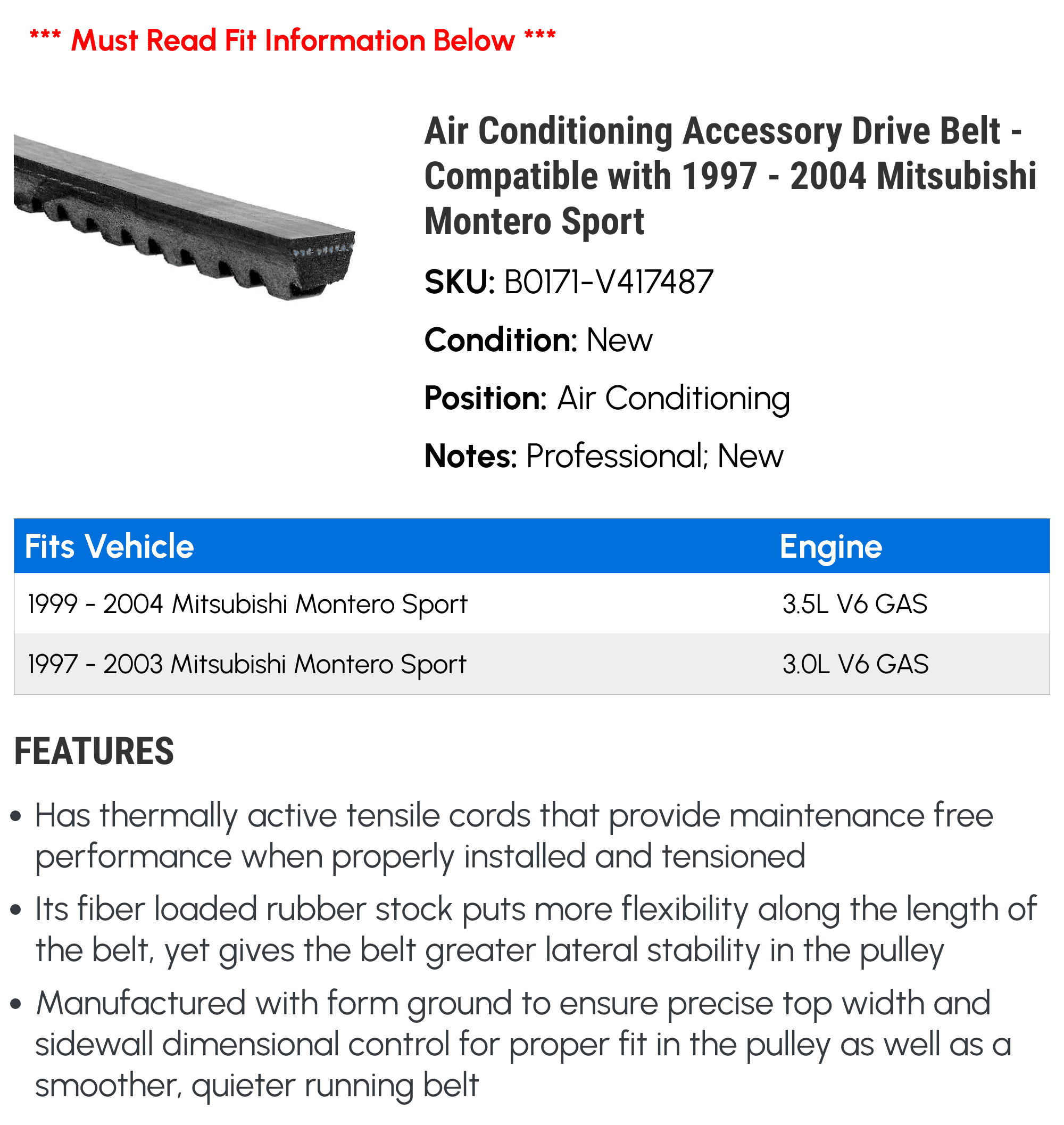 Air Conditioning Accessory Drive Belt - Compatible with 1997 - 2004 Mitsubishi Montero Sport 1998 1999 2000 2001 2002 2003