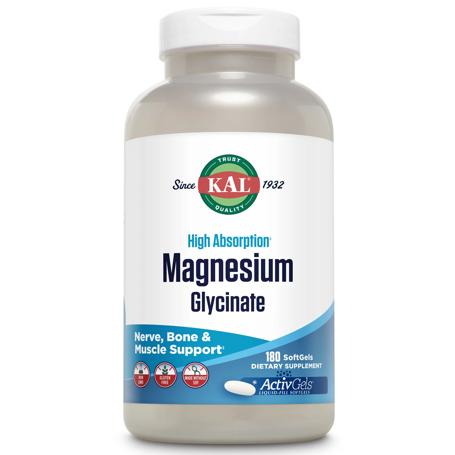 KAL Magnesium Glycinate ActivGels 315mg, Fully Chelated, High Absorption Magnesium Supplement for  Relaxation, Muscle & Bone Health Support‡, Non-GMO, Gluten Free, 60 Servings, 180 Softgels