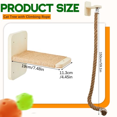 Weysat Cat Tree with 2 x 59.1 Inch Climbing Rope Wall Mounted Cat Climbing Tower Toy with Scratching Post Kitten Rope Ladder with Jumping Platform Wall Steps for Playing and Rest
