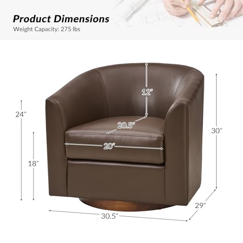 HULALA HOME Swivel Barrel Chair Set of 2, Genuine Leather Swivel Accent Chair with Solid Wood Base, Round Barrel Chair for Living Room & Bedroom, Brown
