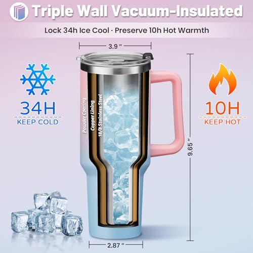 40 oz Tumbler with Handle and Straw Spout Lid - 100% Leak-proof Travel Coffee Cup, BPA Free Metal Mug, Vacuum Insulated Water Bottle- (Cold-34H & Hot-10H), Straw Cover, Silicone Boot