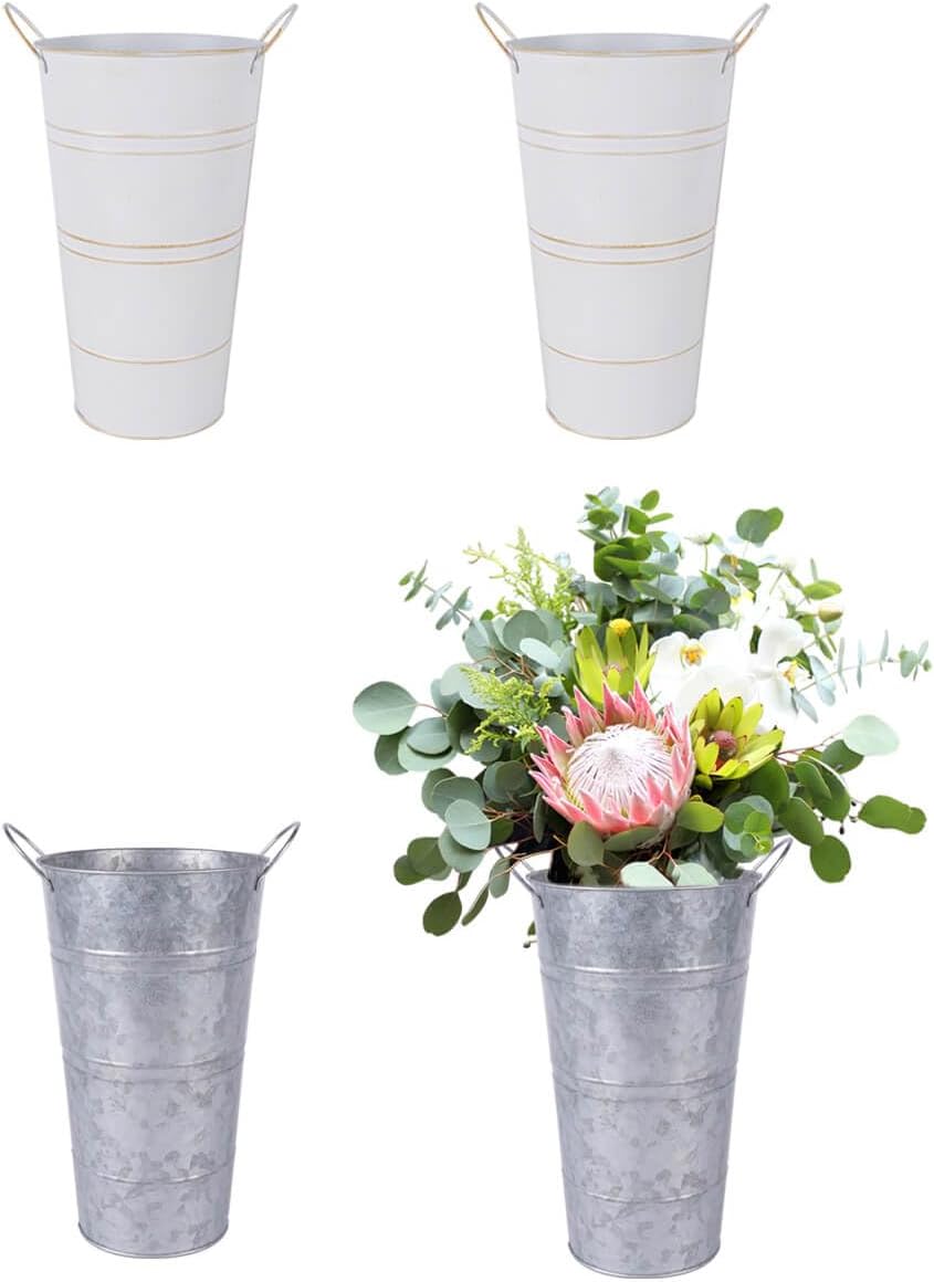 12 Inch Galvanized Metal Vases with Handles - 2 Pcs White and 2 Pcs Silver Farmhouse Decorative Metal Container for Flowers, Rustic Metal Bucket Planters for Wedding Decor
