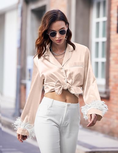 Ekouaer Women's Bridal Feather Trim Silk Satin Pajama Set Long Sleeve Lounge Sets Sleepwear (Removable Feather)