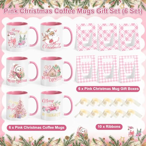 LemonRoad 6 Sets Pink Christmas Mugs 12 oz Christmas Coffee Mugs with Mug Boxes Ceramic Pink Xmas Coffee Cups with Gift Boxes Ribbon for Xmas Winter Holiday Housewarming Party Gift