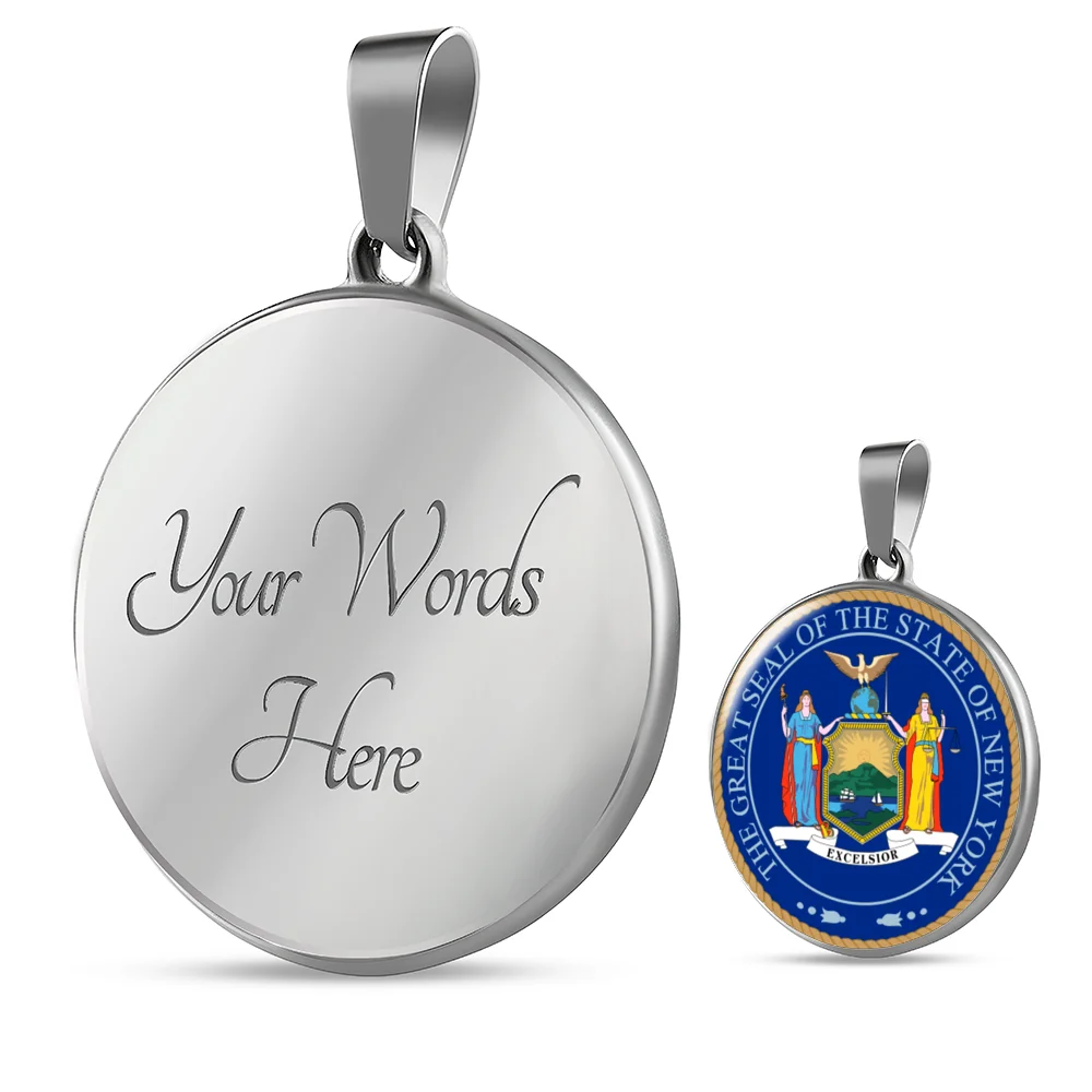 New York State Seal Necklace Circle Pendant Stainless Steel or 18k Gold 18-22
