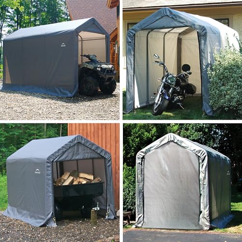 ShelterLogic 10' x 10' Shed-in-a-Box All Season Steel Metal Round Roof Outdoor Storage Shed with Waterproof Cover and Heavy Duty Reusable Auger Anchors, grey