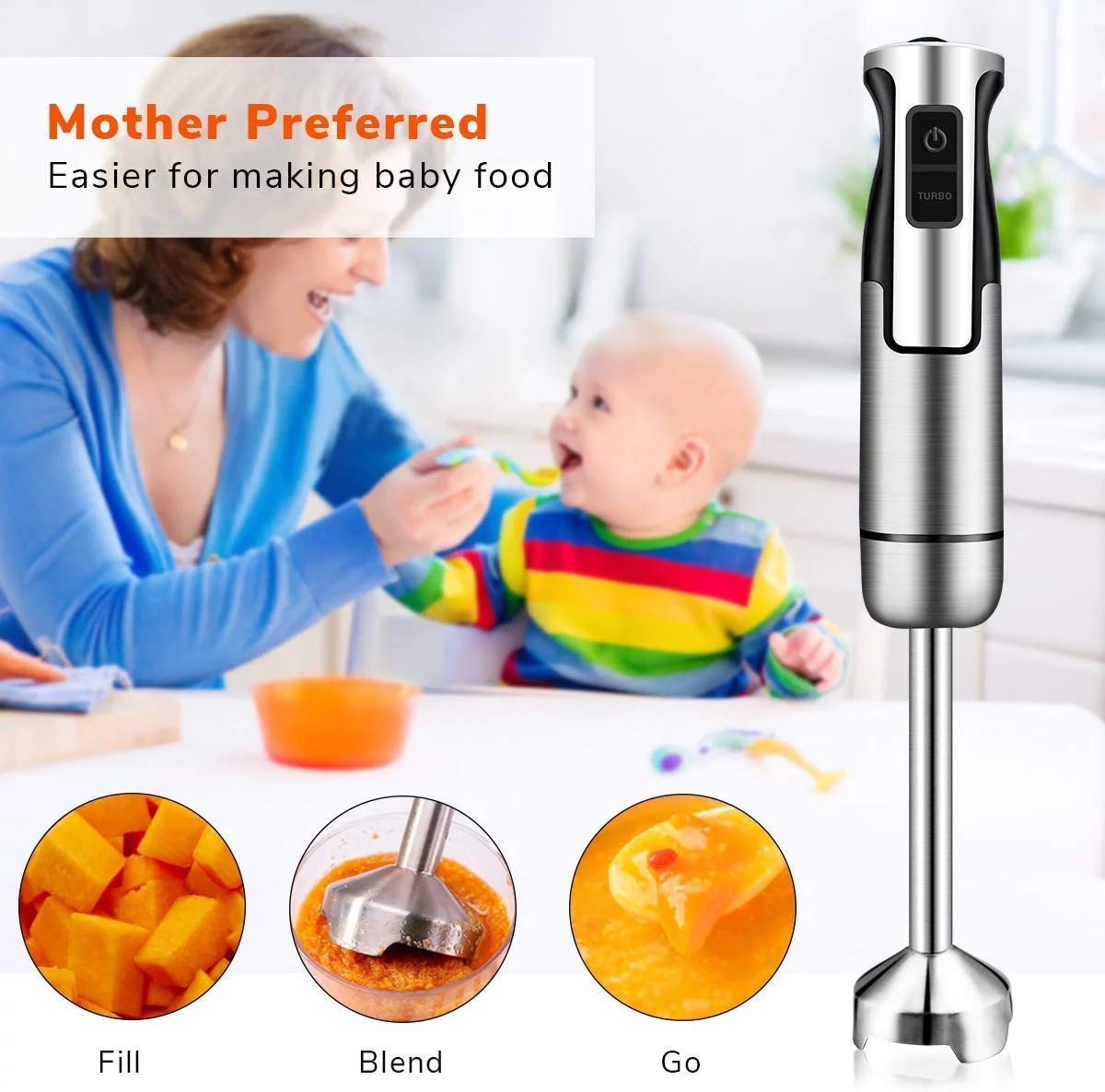 Hand Immersion Blender 500 Watt 8 Speed Control, Handheld Blender Smart 2-in-1 Stick Blender Stainless Steel With Whisk