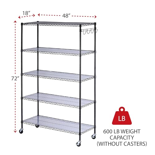 Alera 5-Shelf Wire Shelving Kit with Casters and Shelf Liners, 48w X 18d X 72h, Black Anthracite