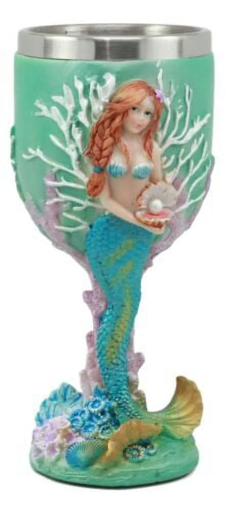 Ebros Turquoise Ocean Marine Coral Reef Mermaid With Pearl Wine Goblet
