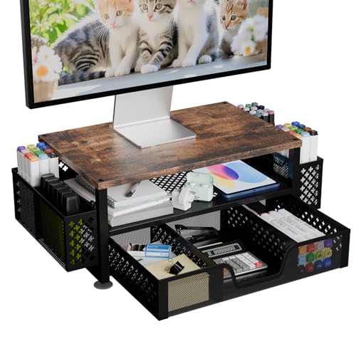 Simple Trending 2 Tier Metal Monitor Stand Monitor riser and Computer Desk Organizer with Drawer and Pen Holder for Laptop, Computer, iMac, Black