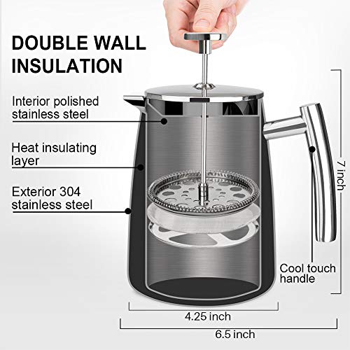 Secura French Press Coffee Maker, 50-Ounce, 304 Stainless Steel Insulated Coffee Press with Extra Screen