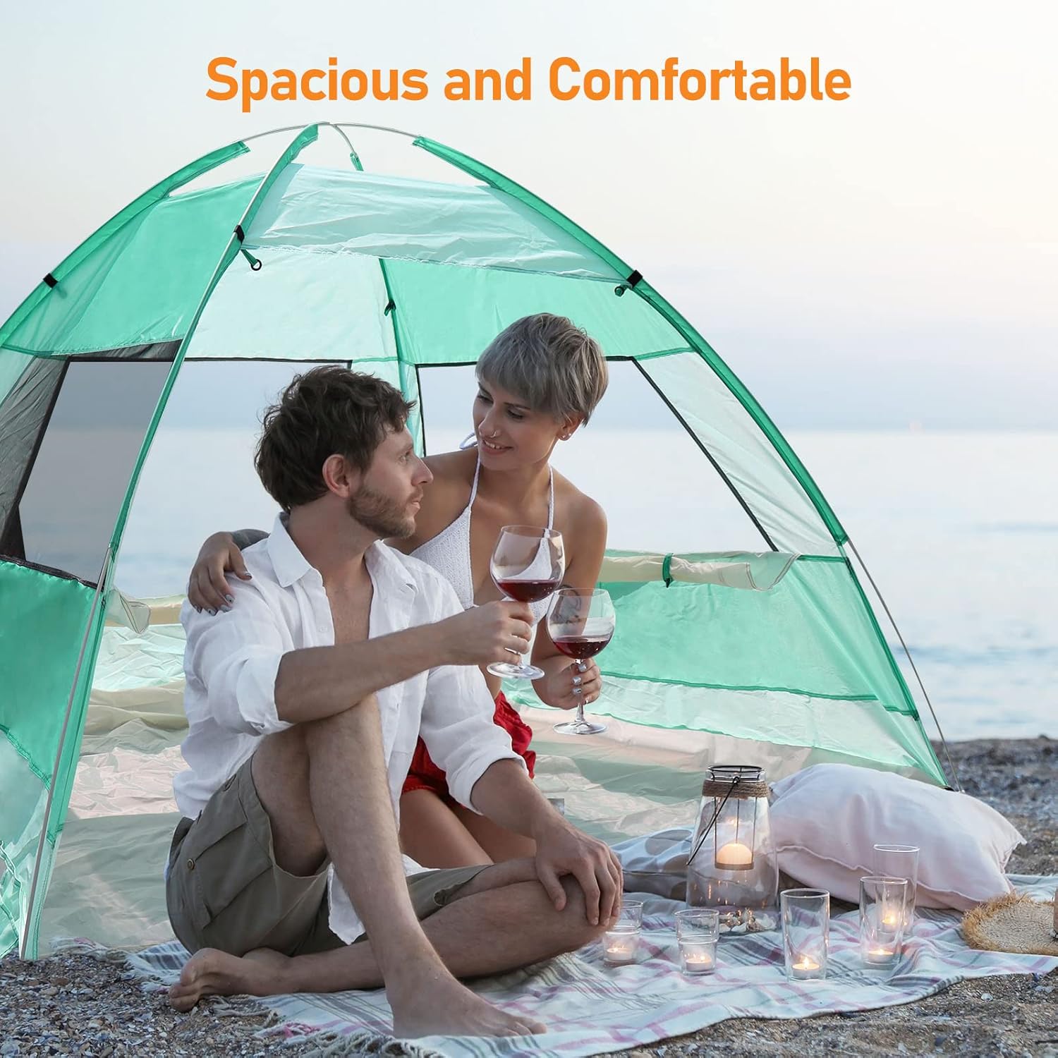 2 Person Pop Up Beach Tent, Anti-UV Beach Shelter, Easy Step Up, 3 Mesh Windows and 6 Sandy Bags, Keep Your Beach Trip Cool(Green)