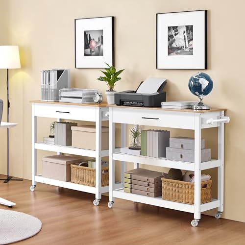 Yaheetech Kitchen Island Cart on Wheels with Bamboo Tabletop, 3-Tier Rolling Kitchen Island Microwave Cart with Drawer, Detachable Towel, 3 Hooks, 17