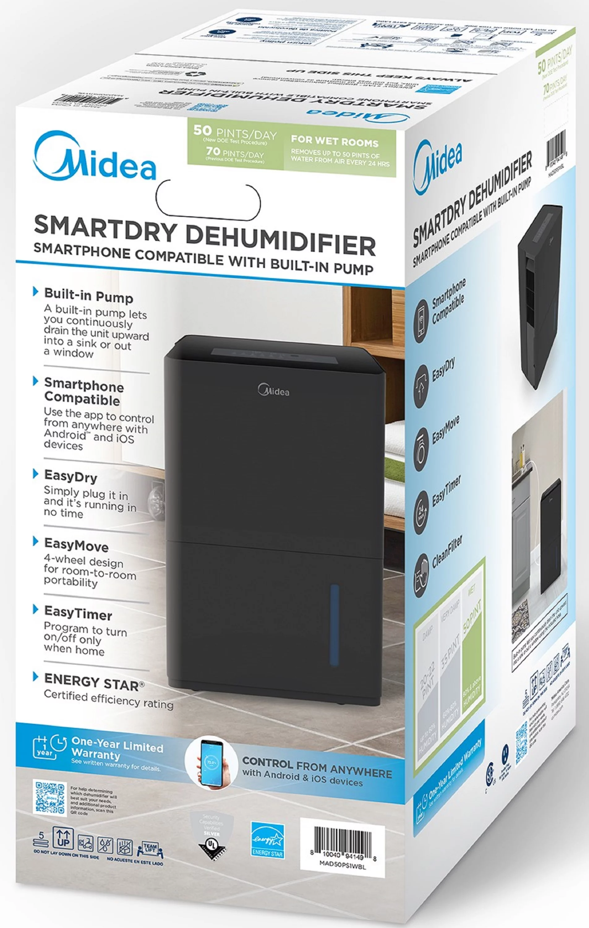 Midea 50-Pint Smart Dehumidifier with Pump - Wet Rooms, Energy Star, Black, MAD50PS1WBL