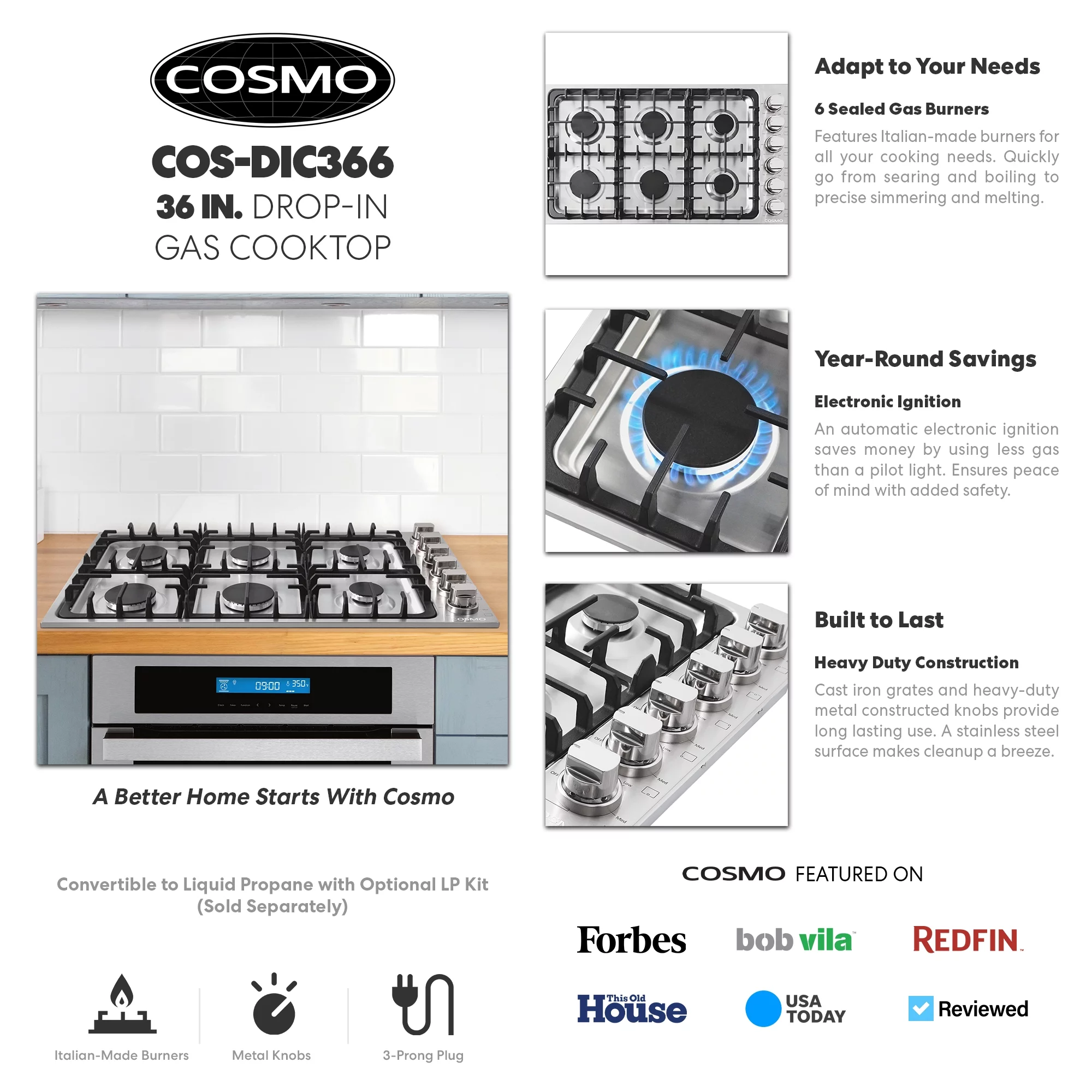 Gas Cooktop with 4 Sealed Italian Made Burners in Stainless Steel