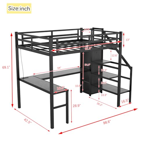 Twin XL Industrial Metal Loft Bed with L-Shaped Desk, USB, LED, Wardrobe, Adjustable Shelves, and Stairs (Black)