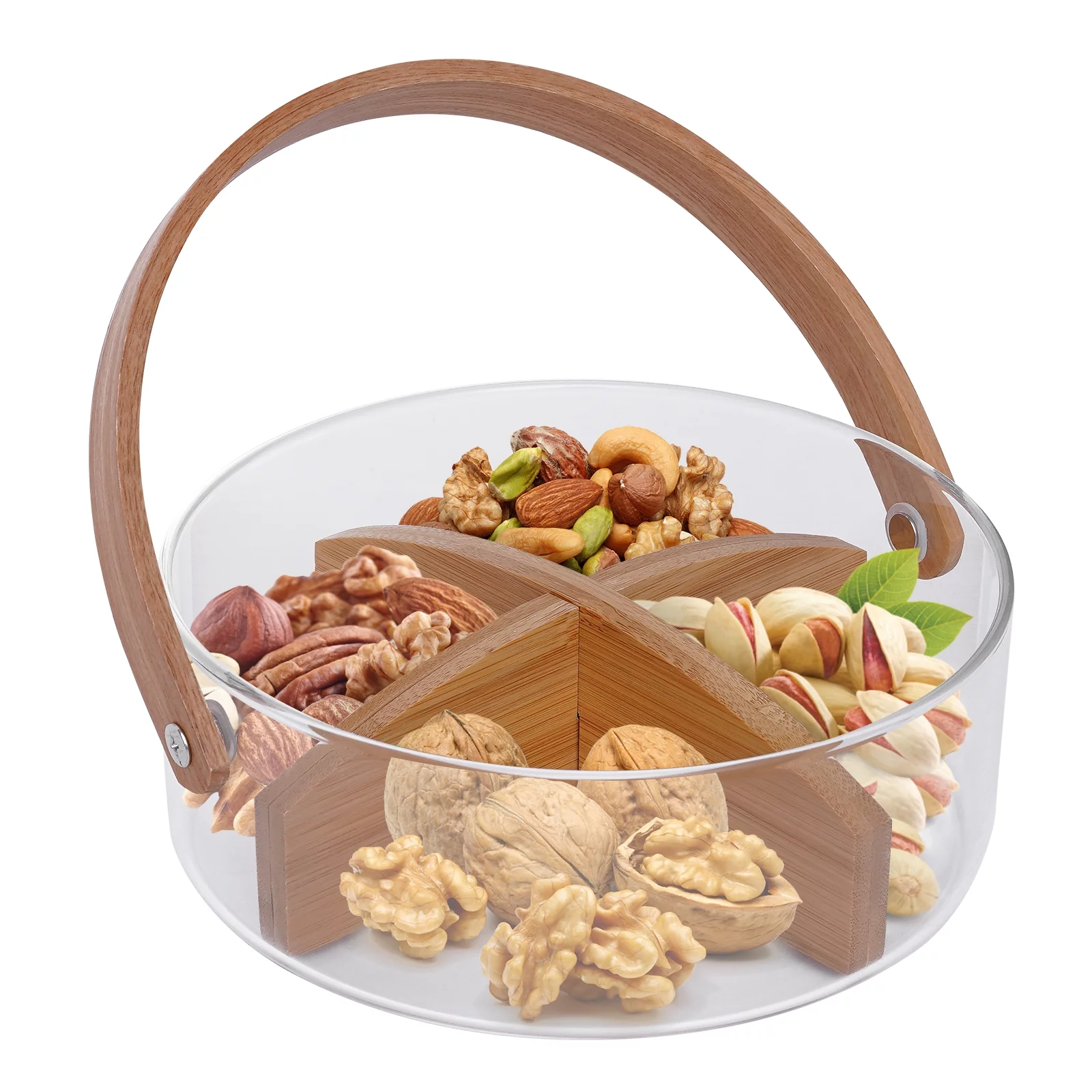 Miumaeov Fruit Serving Bowl Ice Bucket with Handle, 7.09 x 2.36 in Clear Glass Nuts Dry Fruit Snack Tray Fruit Bowl Holder Dried Fruit Basket with Wood Divider
