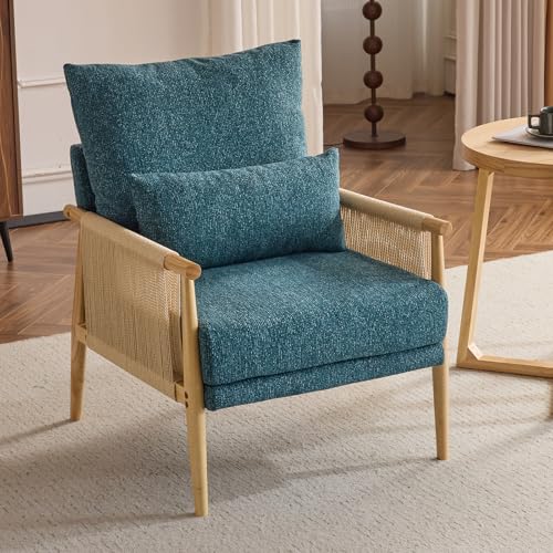 Karl home Cozy Chenille Accent Chair with Lumbar Pillow & Rattan Arms Modern Lounge Chair for Living Room, Bedroom, Reading Nook, Green