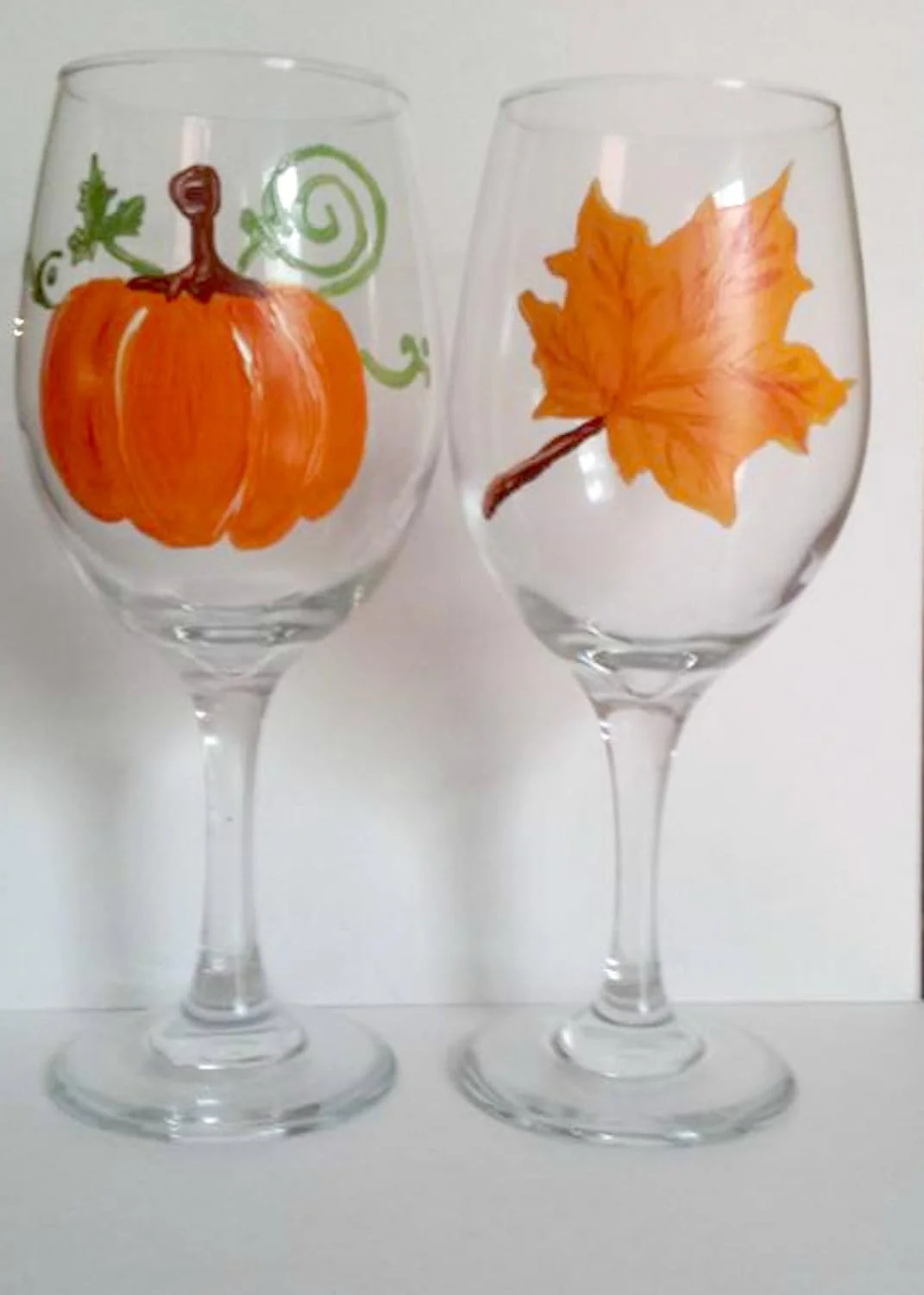 Orange Maple Leaf Pumpkin Hand Painted Wine Glasses Set Of 2