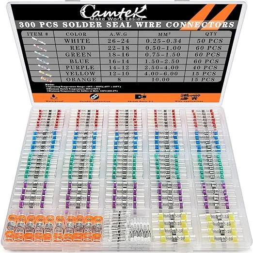 Camtek 300PCS Solder Seal Wire Connectors 26-8 AWG, Self Soldering Heat Shrink Wire Connectors Marine Grade Waterproof Insulated Electrical Butt Splice Wire Terminals for Automotive Boat Truck