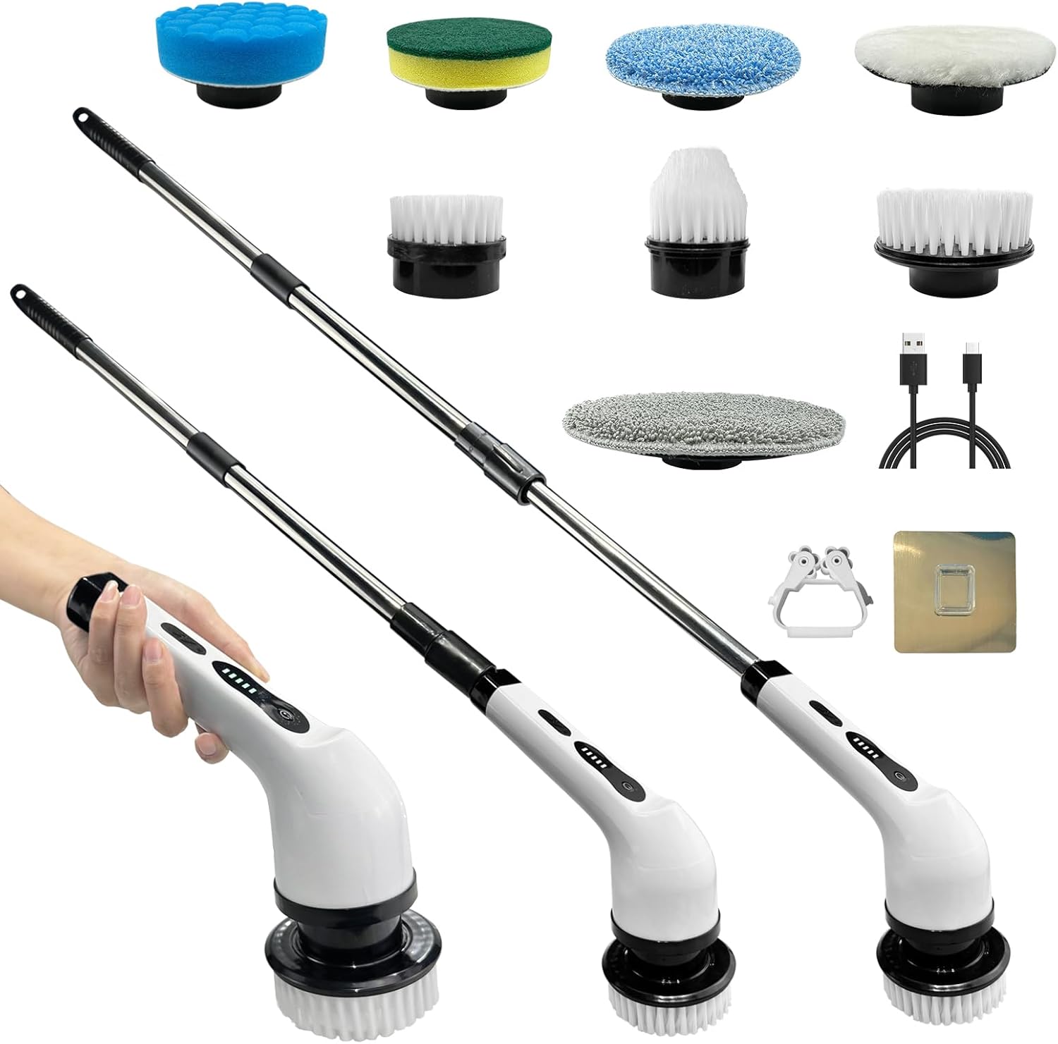 Electric Spin Scrubber，New Cordless Cleaning Brush with Adjustable Extension Arm Electric Shower Scrubber,8 Replaceable Brush Heads for Bath, Tile, Tub，Floor, Kitchen, Car Two Speed Detachable Handle