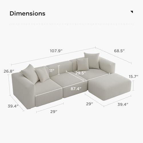 Acanva Corduroy Convertible Modular L Shaped Sectional Sofa, 4 Seater Free Combination Corner Couch, Convertible to DayBed, Wide Loveseat with Moveable Ottomans for Small Spaces, Sleeper Bed, Yellow