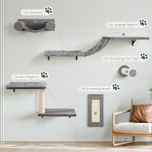 NUNU LAB 5-in-1 Wall-Mounted Cat Climber Set, Cats Wall Shelve, Wall-Mounted Cat Climbing Shelves, with House, Bridge, Steps, Scratcher, Hammock, Shelves (A-KM060)