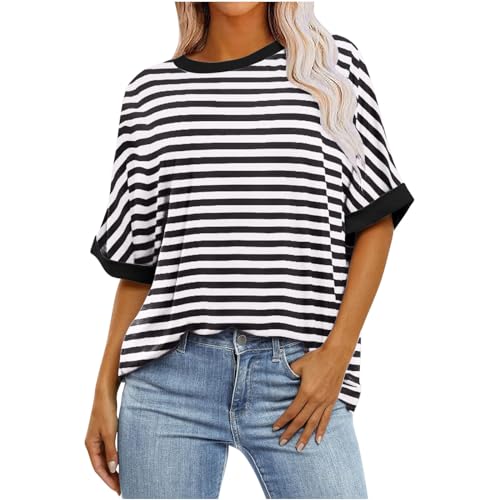 Womens Striped Oversized Tshirts Short Sleeve Crewneck Summer Tops Casual Loose Basic Tee 2024 Y2K Drop Shoulder Shirts